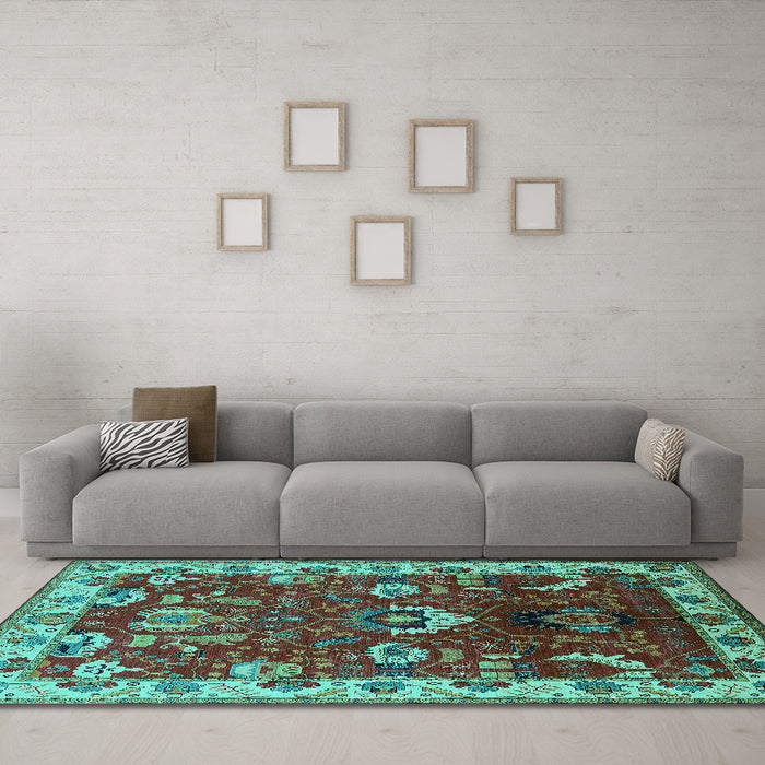Machine Washable Oriental Turquoise Industrial Area Rugs in a Living Room,, wshurb2162turq
