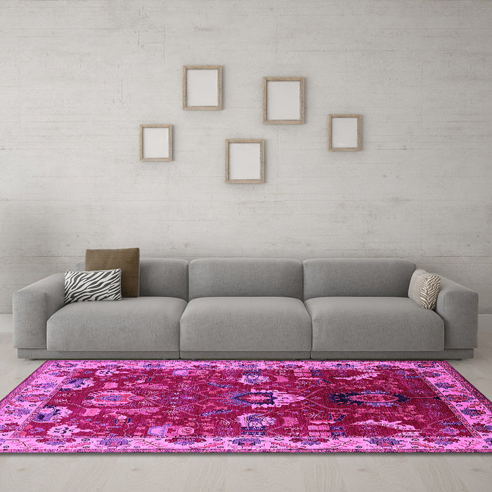 Machine Washable Oriental Pink Industrial Rug in a Living Room, wshurb2162pnk
