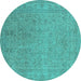 Round Machine Washable Oriental Turquoise Industrial Area Rugs, wshurb2163turq