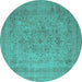 Round Machine Washable Oriental Turquoise Industrial Area Rugs, wshurb2164turq