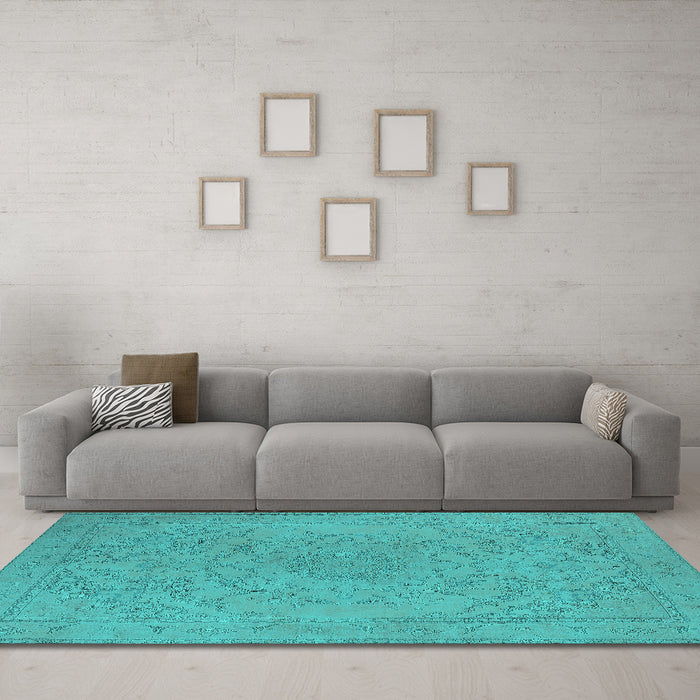 Machine Washable Oriental Turquoise Industrial Area Rugs in a Living Room,, wshurb2166turq