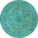 Round Machine Washable Oriental Turquoise Industrial Area Rugs, wshurb2182turq