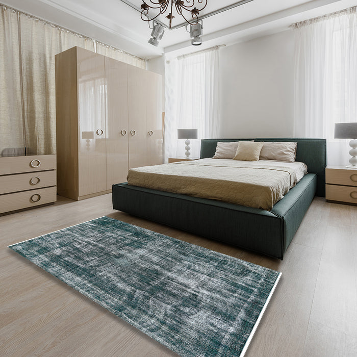 Mid-Century Modern Blue Moss Green Oriental Rug in a Bedroom, urb2197