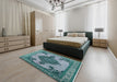 Mid-Century Modern Greenish Blue Green Oriental Rug in a Bedroom, urb2209