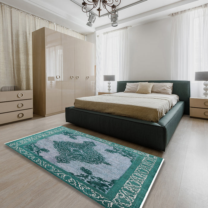 Mid-Century Modern Greenish Blue Green Oriental Rug in a Bedroom, urb2209