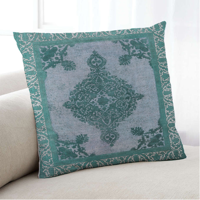 Lifestyle Image of Mid-Century Modern Urban Square Greenish Blue Green Throw Pillow, 18 inch by 18 inch, pwurb2209