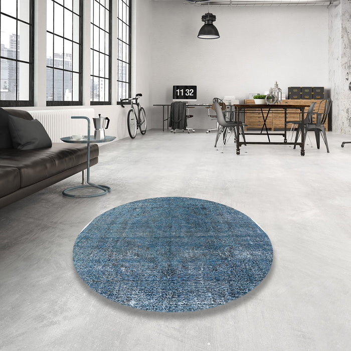 Round Mid-Century Modern Koi Blue Oriental Rug in a Office, urb2211