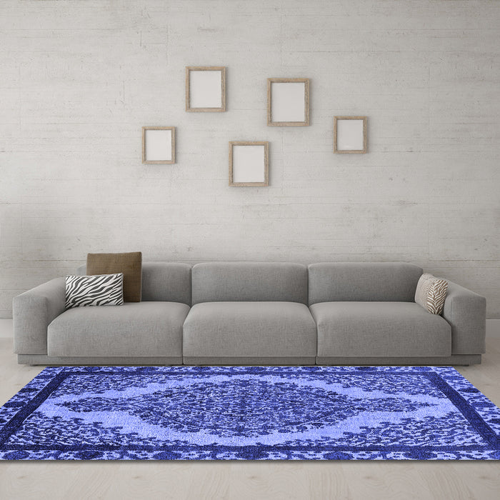 Machine Washable Oriental Blue Industrial Rug in a Living Room, wshurb2214blu