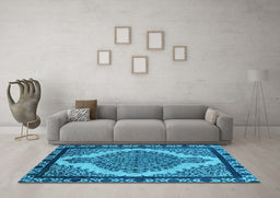 Machine Washable Oriental Light Blue Industrial Rug in a Living Room, wshurb2214lblu