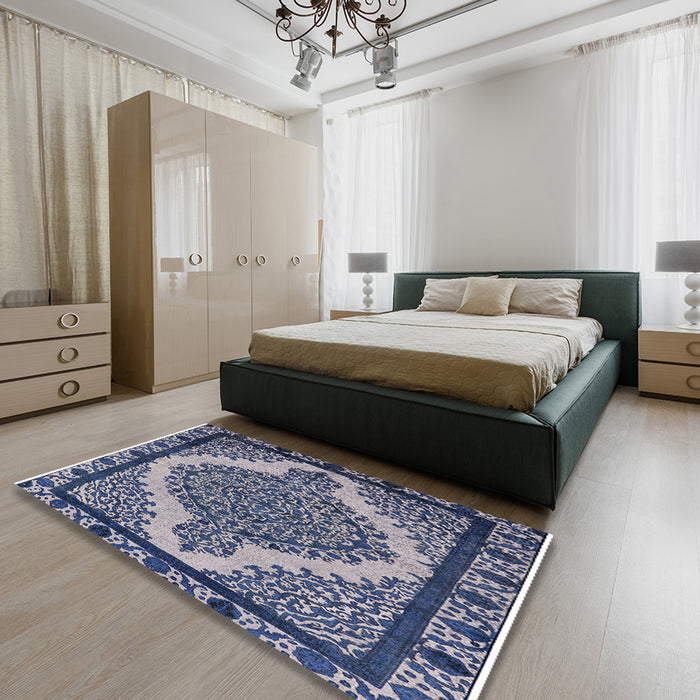Machine Washable Industrial Modern Lapis Blue Rug in a Bedroom, wshurb2214