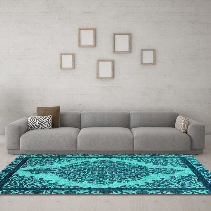 Machine Washable Oriental Turquoise Industrial Area Rugs in a Living Room,, wshurb2214turq