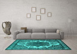 Machine Washable Oriental Turquoise Industrial Area Rugs in a Living Room,, wshurb2215turq