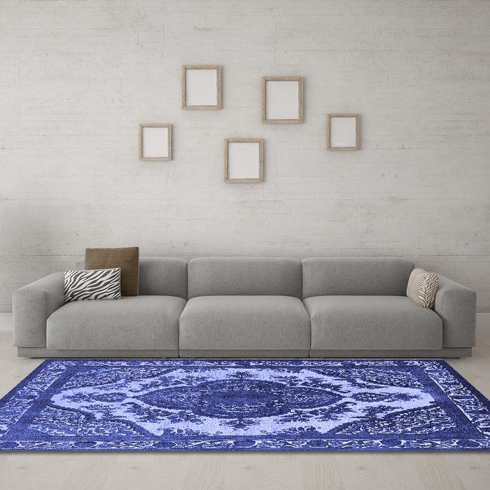 Machine Washable Oriental Blue Industrial Rug in a Living Room, wshurb2215blu