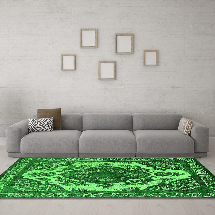 Machine Washable Oriental Green Industrial Area Rugs in a Living Room,, wshurb2215grn