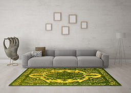 Machine Washable Oriental Yellow Industrial Rug in a Living Room, wshurb2215yw
