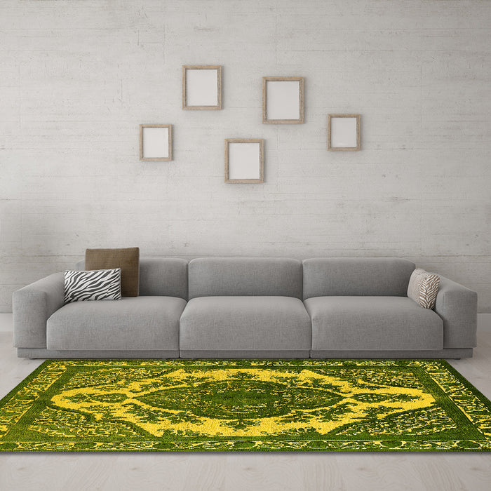 Machine Washable Oriental Yellow Industrial Rug in a Living Room, wshurb2215yw