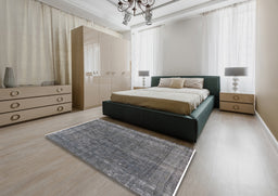 Mid-Century Modern Gunmetal Gray Oriental Rug in a Bedroom, urb2217