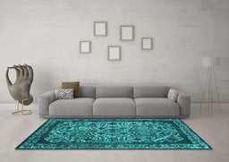 Machine Washable Oriental Turquoise Industrial Area Rugs in a Living Room,, wshurb2218turq