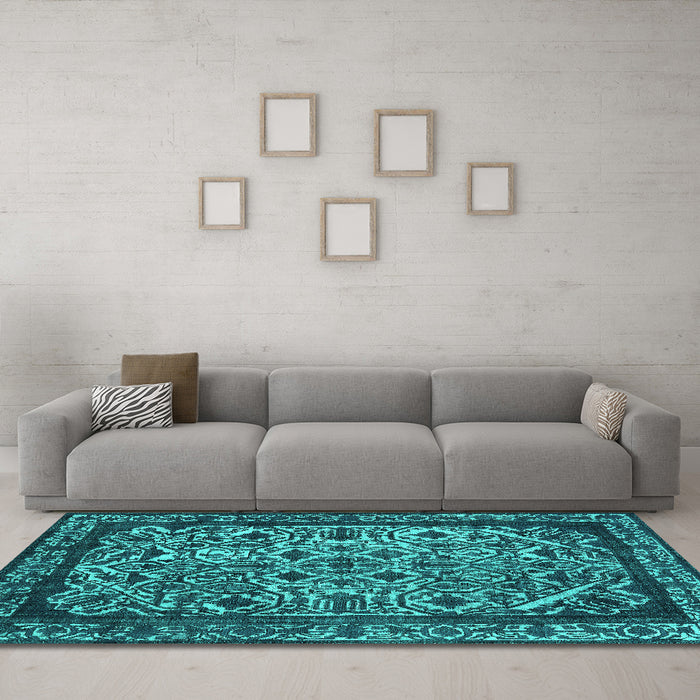 Machine Washable Oriental Turquoise Industrial Area Rugs in a Living Room,, wshurb2218turq