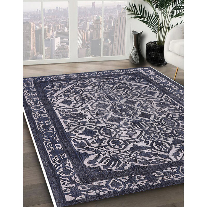 Mid-Century Modern Dark Slate Blue Oriental Rug in Family Room, urb2218