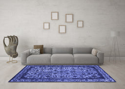 Machine Washable Oriental Blue Industrial Rug in a Living Room, wshurb2218blu
