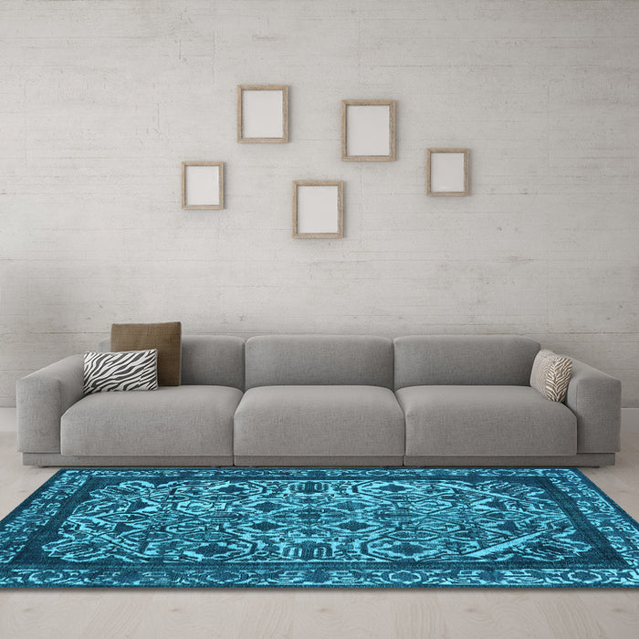 Machine Washable Oriental Light Blue Industrial Rug in a Living Room, wshurb2218lblu