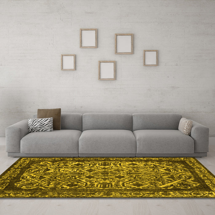 Machine Washable Oriental Yellow Industrial Rug in a Living Room, wshurb2218yw