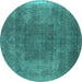 Round Machine Washable Oriental Turquoise Industrial Area Rugs, wshurb2219turq