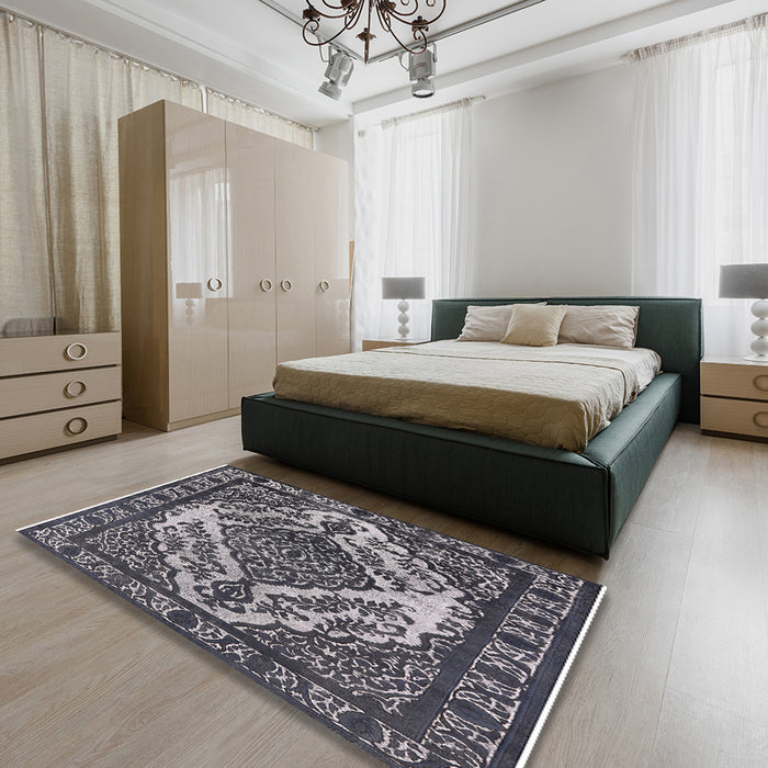 Mid-Century Modern Charcoal Blue Oriental Rug in a Bedroom, urb2223