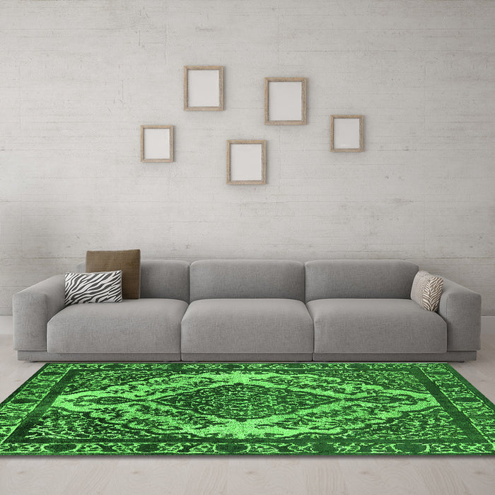 Machine Washable Oriental Green Industrial Area Rugs in a Living Room,, wshurb2223grn