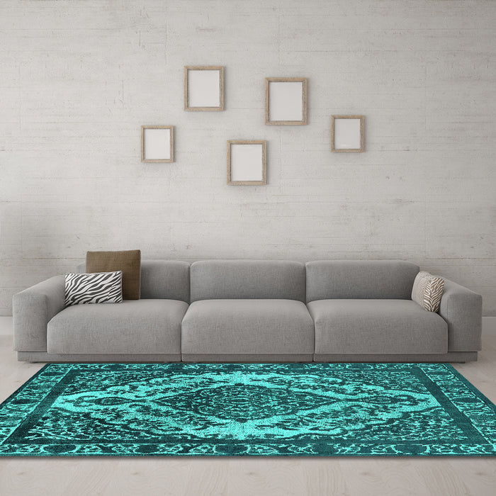 Machine Washable Oriental Turquoise Industrial Area Rugs in a Living Room,, wshurb2223turq