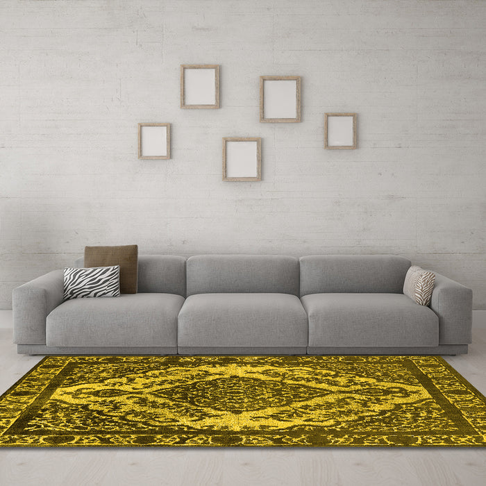 Machine Washable Oriental Yellow Industrial Rug in a Living Room, wshurb2223yw