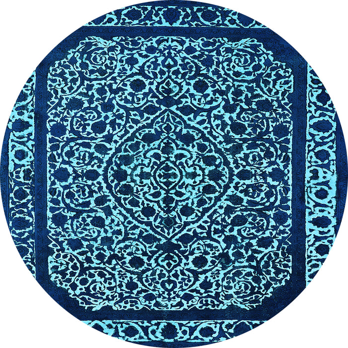 Round Machine Washable Oriental Light Blue Industrial Rug, wshurb2226lblu