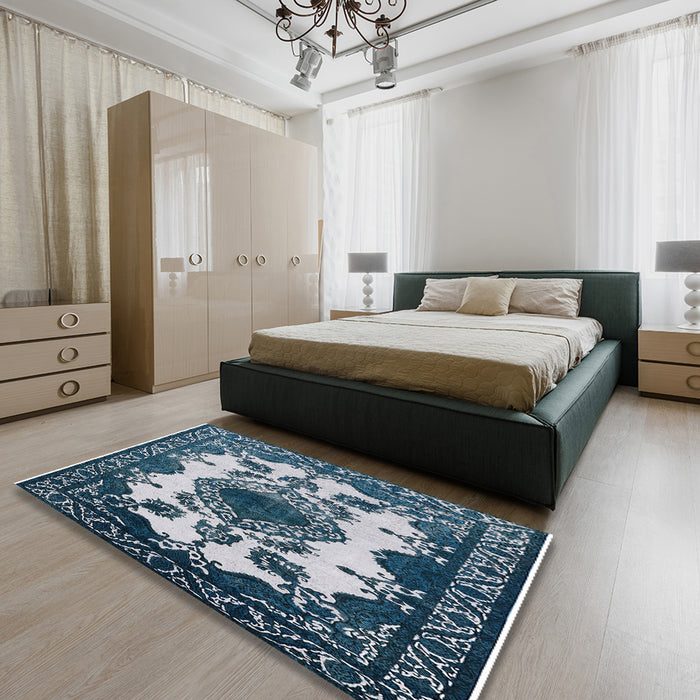 Mid-Century Modern Blue Gray Oriental Rug in a Bedroom, urb2227