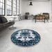 Round Mid-Century Modern Blue Gray Oriental Rug in a Office, urb2227