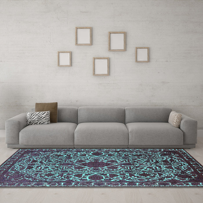 Machine Washable Oriental Turquoise Industrial Area Rugs in a Living Room,, wshurb2228turq