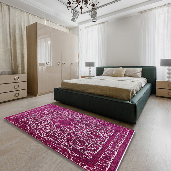Mid-Century Modern Pink Oriental Rug in a Bedroom, urb2228