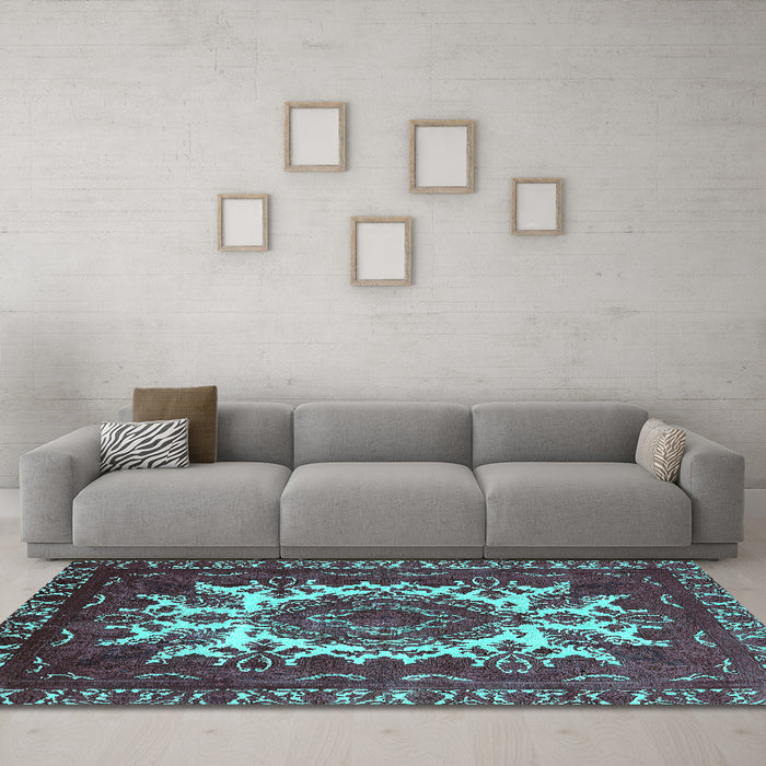 Machine Washable Oriental Turquoise Industrial Area Rugs in a Living Room,, wshurb2229turq