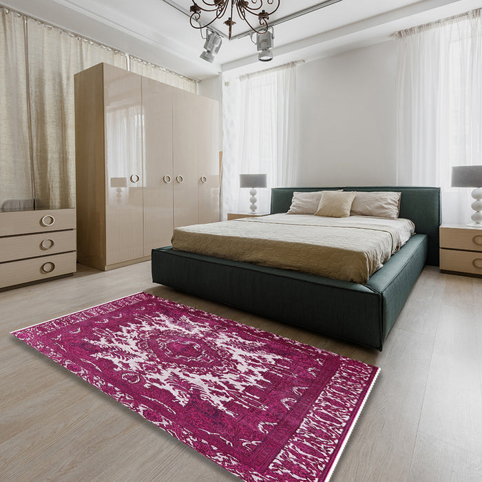 Mid-Century Modern Pale Violet Red Pink Oriental Rug in a Bedroom, urb2229