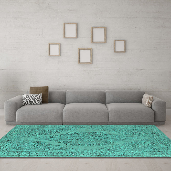 Machine Washable Oriental Turquoise Industrial Area Rugs in a Living Room,, wshurb2234turq