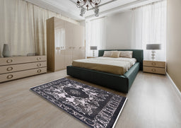 Mid-Century Modern Dark Gray Oriental Rug in a Bedroom, urb2235