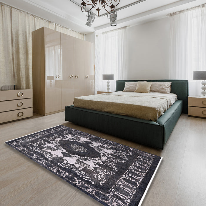 Mid-Century Modern Dark Gray Oriental Rug in a Bedroom, urb2235