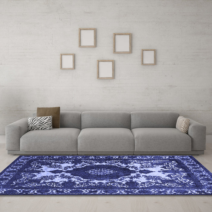Machine Washable Oriental Blue Industrial Rug in a Living Room, wshurb2235blu