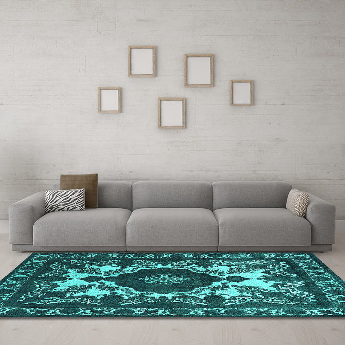 Machine Washable Oriental Turquoise Industrial Area Rugs in a Living Room,, wshurb2235turq