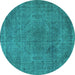 Round Machine Washable Oriental Turquoise Industrial Area Rugs, wshurb2242turq