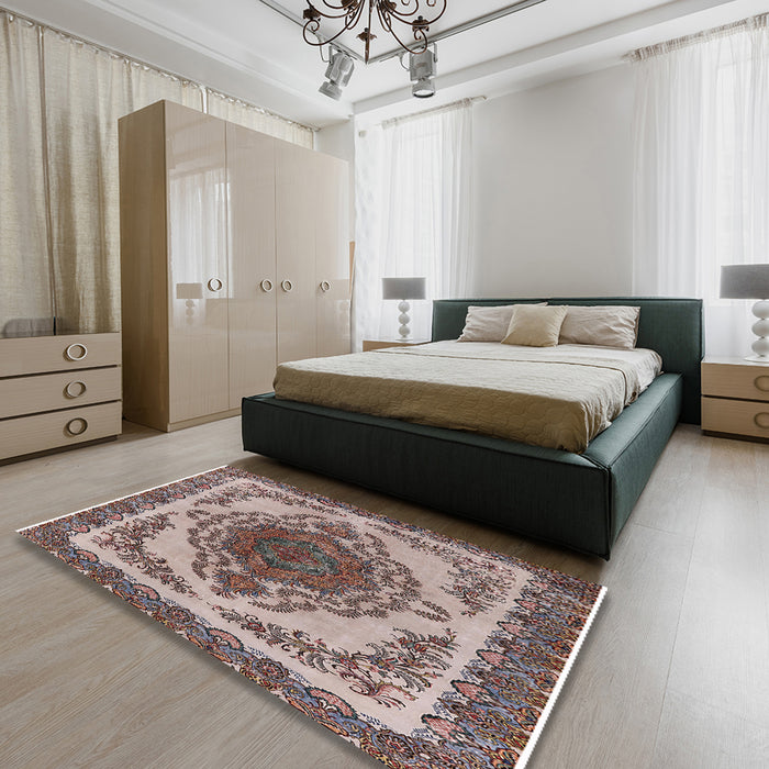 Mid-Century Modern Reddish Brown Oriental Rug in a Bedroom, urb2247