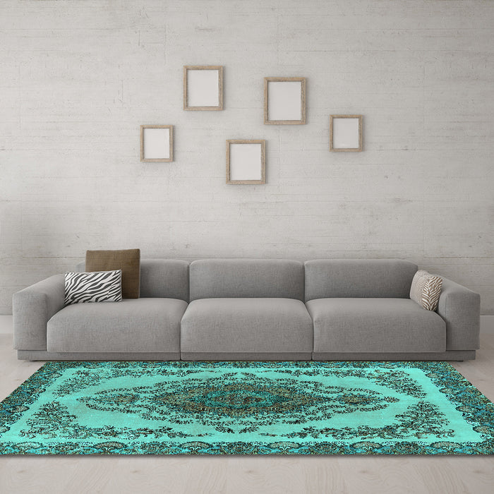 Machine Washable Oriental Turquoise Industrial Area Rugs in a Living Room,, wshurb2247turq