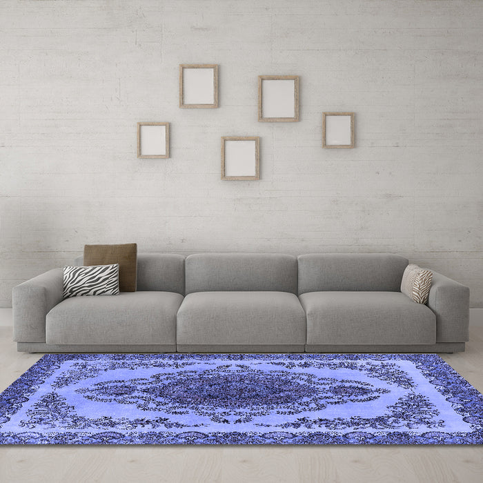 Machine Washable Oriental Blue Industrial Rug in a Living Room, wshurb2247blu