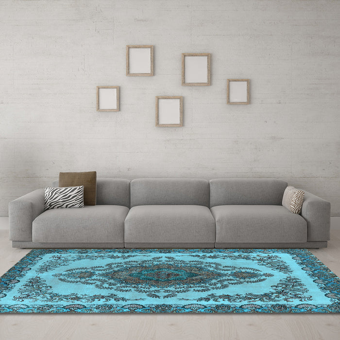 Machine Washable Oriental Light Blue Industrial Rug in a Living Room, wshurb2247lblu