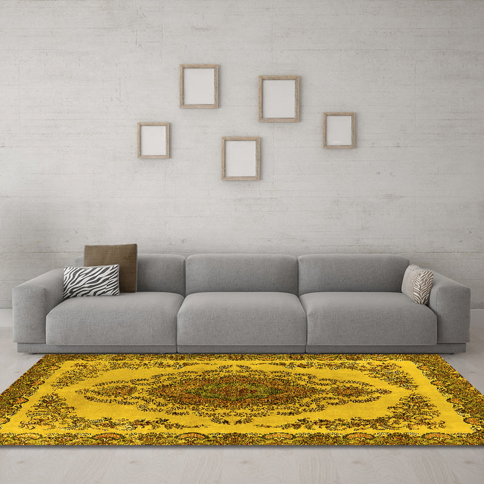 Machine Washable Oriental Yellow Industrial Rug in a Living Room, wshurb2247yw